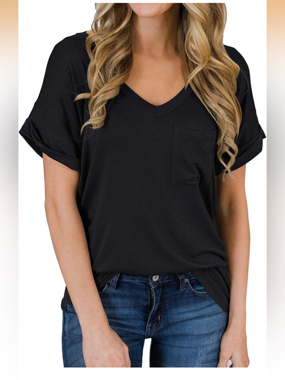 MIHOLL Dark Black V-Neck Pocket Tee | Size Large | Roll Sleeve Casual Top